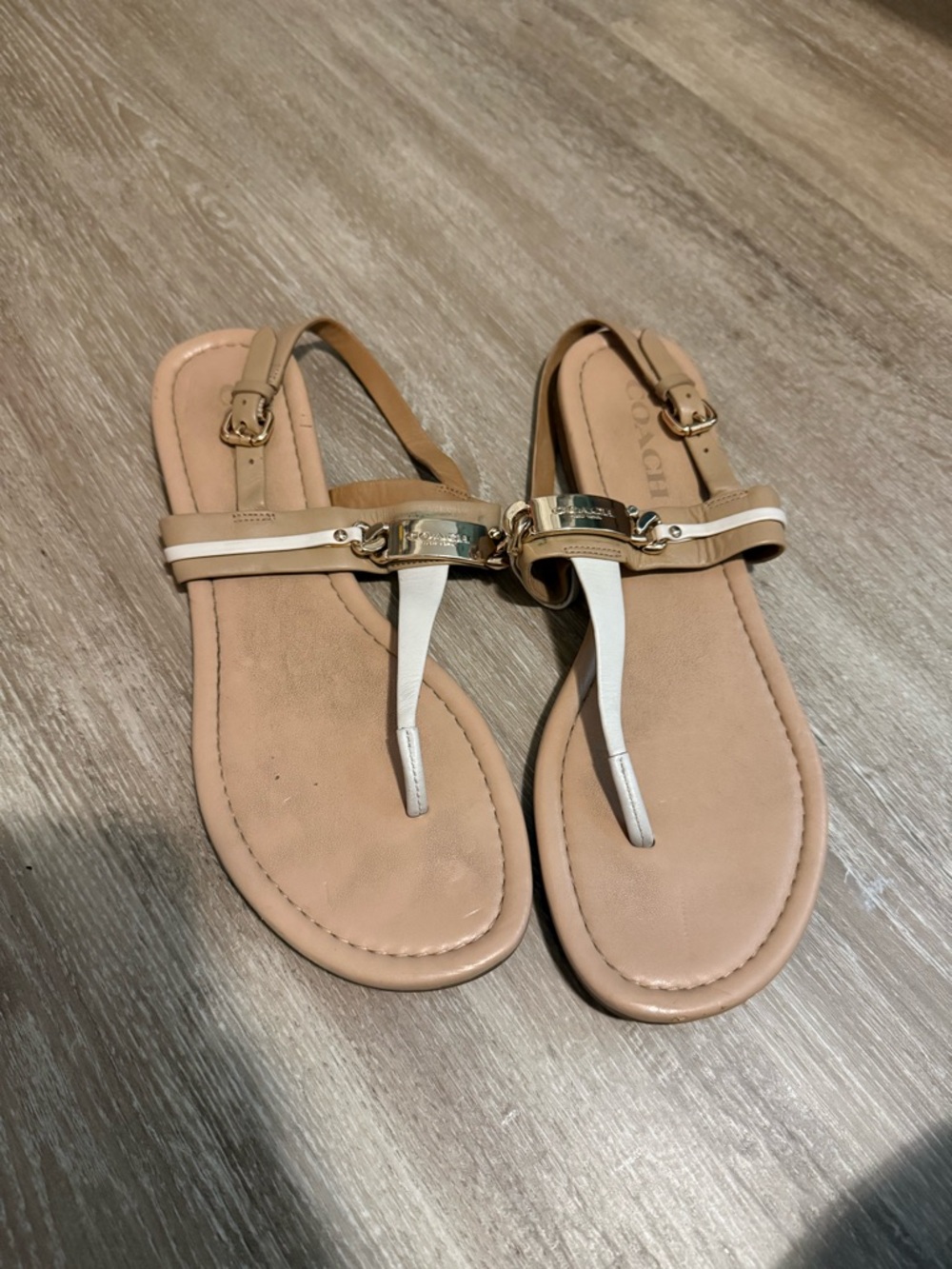 Coach Beige and White Leather T-Strap Sandals with Gold Hardware